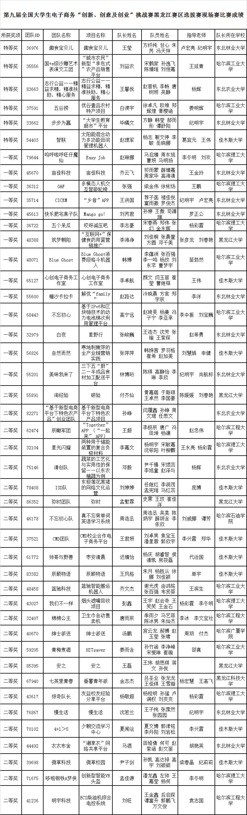 第九届全国大学生电子商务“创新、创意及创业”挑战赛黑龙江赛区选拔赛现场赛比赛成绩